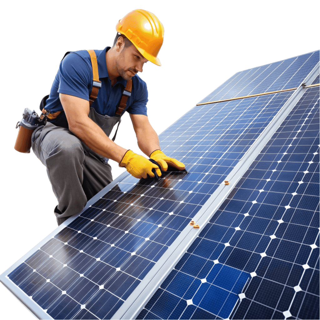 Solar installers reviewing a residential rooftop photovoltaic project